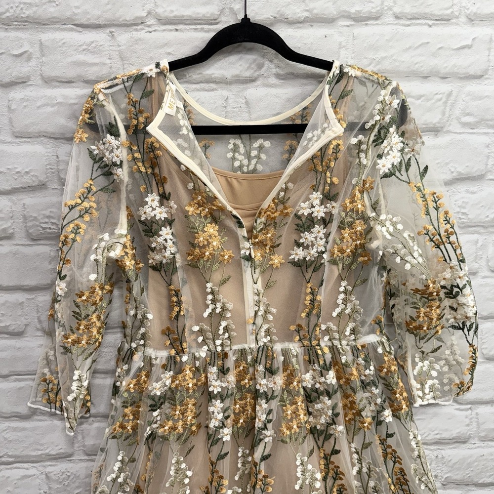 Vtg Metisu Embroidered Dress Sz XL Beige Floral Fairy Cottage Core Boho Feminine - Picture 8 of 16